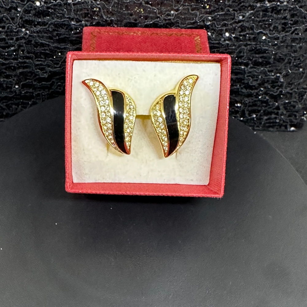 Christian Dior Crystaled Earrings Surrounding a Black Ribbon; Clip On
